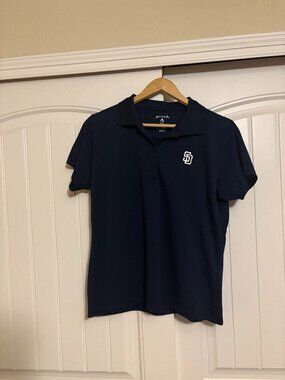 San Diego Padres Polo Shirt Womens Large Navy Blue Short Sleeve Antigua Textured
